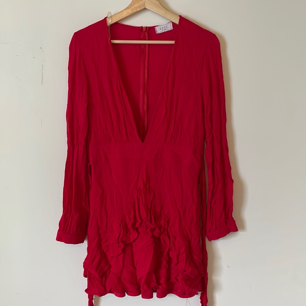 Sage the Label Sz Medium La Bamba Ruffled Polka Dot Mini Dress Red Long Sleeve